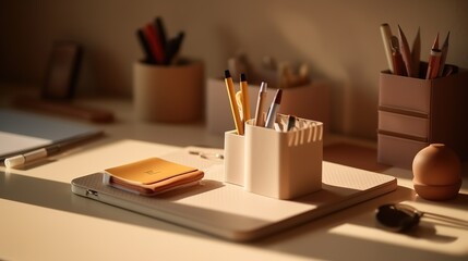 Organized clean desk stationary workspace generative ai