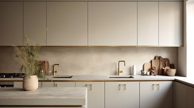 This warm and inviting kitchen is a delightful blend of modern interior design and classic architecture, featuring white cabinetry and gleaming gold accents, complemented by a vibrant pink wall and n