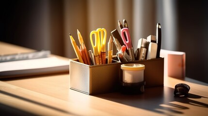 Organized clean desk stationary workspace generative ai