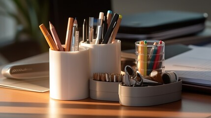 Organized clean desk stationary workspace generative ai