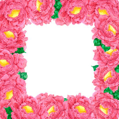 Hand drawn watercolor magenta peony flower frame. Isolated on white background. Scrapbook, post card, banner, lable, poster.