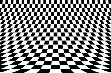 Naklejka premium Curved checkered background. Black and white square pattern. 3d checkered surface. Curved perspective grid.