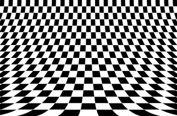 Curved checkered background. Black and white square pattern. 3d checkered surface. Curved perspective  grid.