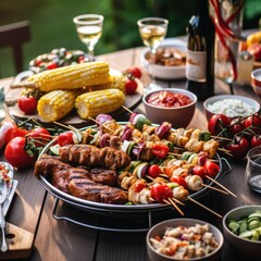 Summer food and meats on a table outside