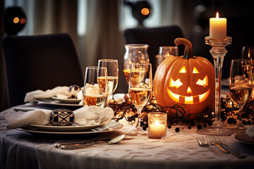 Obraz premium Halloween table setting with pumpkins decoration. Generative AI