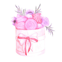 Hand drawn watercolor sweets and flowers in a basket isolated on white background. Can be used for cards, patterns, label.