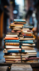 stack of used books on a bookstore counter. optimized for resolution 16/9 -hd. AI generated