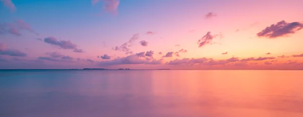 Poster Closeup sea ocean bay panoramic beach landscape. Inspire tropical Mediterranean seascape horizon. Orange gold blue sunset sky calm tranquil sunlight summer mood. Best vacation travel colorful panorama © icemanphotos
