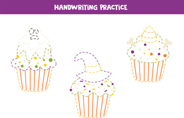 Handwriting practice with cartoon Halloween cupcakes. Tracing lines for preschoolers. Vector illustration.