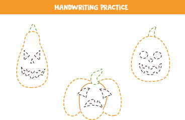 Handwriting practice with cartoon Halloween pumpkins. Tracing lines for preschoolers. Vector illustration.