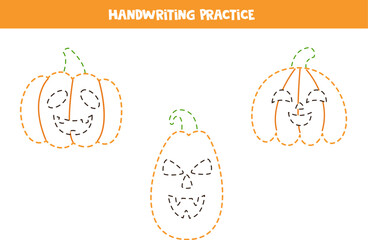 Handwriting practice with cartoon Halloween pumpkins. Tracing lines for preschoolers. Vector illustration.