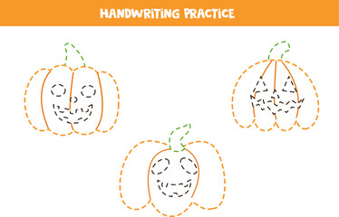 Handwriting practice with cartoon Halloween pumpkins. Tracing lines for preschoolers. Vector illustration.