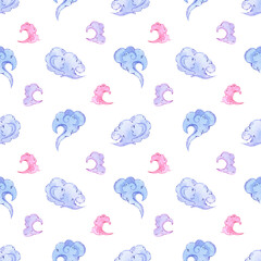Hand drawn watercolor blue and pink oriental clouds isolated on white background. Can be used for textile, fabric, gift-wrapping.