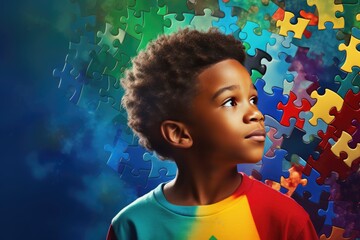 Fictional black girl child with puzzle pieces. Concept for Disability Pride Month, world brain day, mental health and brain neurological health, autism spectrum disorder.  - obrazy, fototapety, plakaty