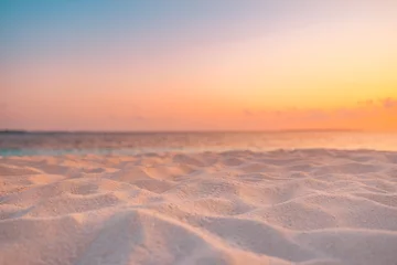 Poster Closeup beach coast sand texture with warm gold orange sunset light. Fantasy beach landscape sky sea bay. Tranquil relax bright horizon, colorful sky. Peaceful nature seascape. Summer Mediterranean © icemanphotos