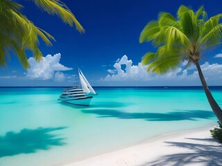 tropical beach in Maldives with palm trees and boat 3d render