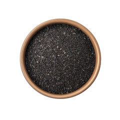 Black sesame seeds in round bowl isolated on transparent background. Generative AI.