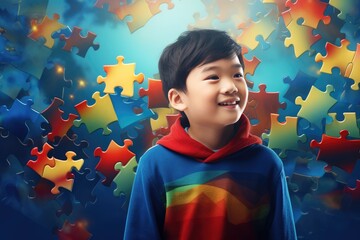 Asian boy child with puzzle pieces. Neurodiversity, Disability Pride Month, world brain day, neurological health, autism spectrum disorder. Children's Mental Health. World Autism Acceptance Week 