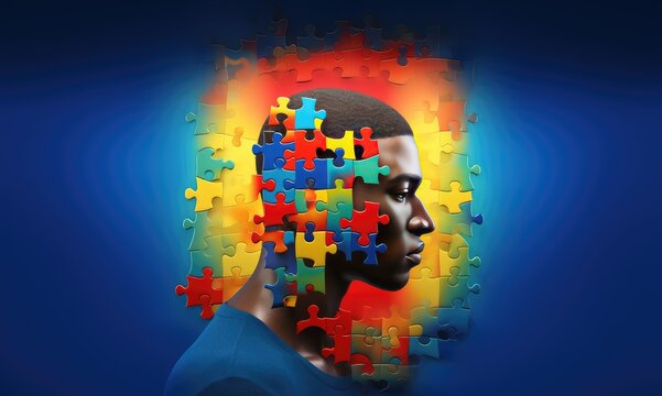 Fictional black man with a puzzle brain. Concept for neurodiversity, Disability Pride Month, world brain day, mental health and brain neurological health, autism spectrum disorder