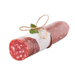 Dry salami sausage with blank label isolated on transparent background. Generative AI. - obrazy, fototapety, plakaty