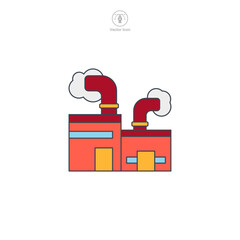 Factory icon vector is a stylized depiction of an industrial complex. It represents production, manufacturing, industry, or businesses