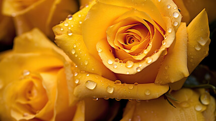 Yellow Roses flowers with water drops background. Closeup of blossom with glistening droplets. Generative AI