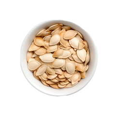 Dried pumpkin seeds in white bowl isolated on transparent background. Generative AI.