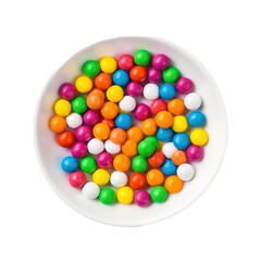 Colorful round candies in white bowl isolated on transparent background. Generative AI.