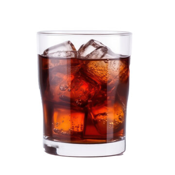 Cola with ice cubes in glass isolated on transparent background. Generative AI.