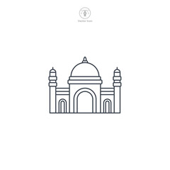 Mosque icon vector depicts a stylized Islamic place of worship, symbolizing Islam, prayer, faith, spirituality, and Muslim community