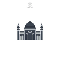Mosque icon vector depicts a stylized Islamic place of worship, symbolizing Islam, prayer, faith, spirituality, and Muslim community