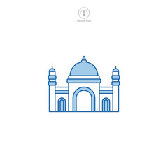 Mosque icon vector depicts a stylized Islamic place of worship, symbolizing Islam, prayer, faith, spirituality, and Muslim community