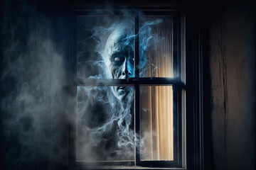 Spooky foggy ghost coming through window