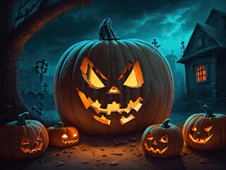 Halloween pumpkins and jack o lanterns on dark creepy background and beautiful misty atmosphere