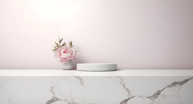 Stone pedestal with pink flower modern background. Product display design, minimal mockup template. Generative AI