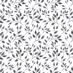 Hand drawn black pencil leaves seamless pattern isolated on white background. Can be used for textile, wrapping, fabric.