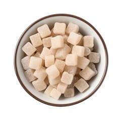 Rough sugar cubes in round bowl isolated on transparent background. Generative AI.
