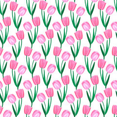 Hand drawn watercolor pink tulips seamless pattern on white background. Can be used for fabric, textile, gift-wrapping.