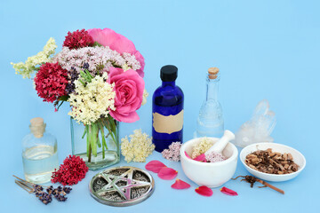 Tranquilizing flowers herbs with valerian root, rose, elder and lavender used in alternative herbal...