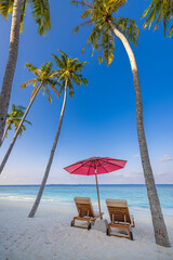 Tropical paradise beach white sand and coco palms travel tourism wide panorama. Luxury couple honeymoon vacation exotic holiday banner. Chairs pink umbrella romantic sea coast leisure wellbeing travel
