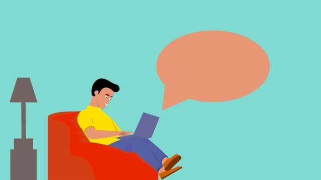 man is sitting on the couch playing laptop casually, 2d flat animation loop, video clip