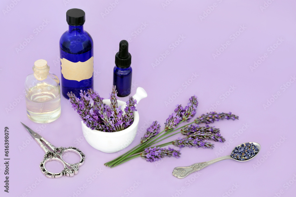 Wall mural lavender flower herb aromatherapy essential oil preparation. natural alternative herbal medicine, he