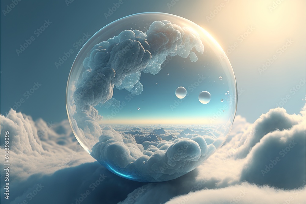 Poster beautiful modern abstract artwork of the sky captured in the transparent sphere bubble that reflect 