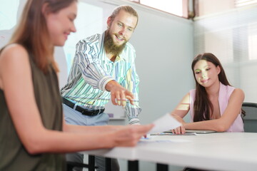 Coworkers discussing business ideas. People working in team