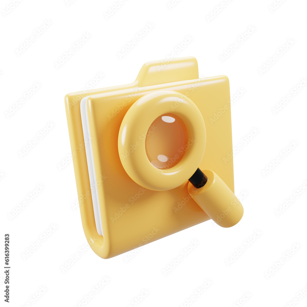 Poster 3d rendering file document icon concept with yellow magnifying glass. 3d illustration