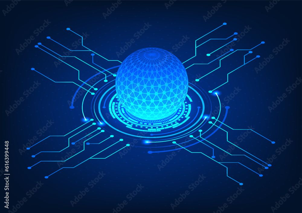 Fototapete Isometric data processor with technology circle connected circuit The concept of a technology processor that receives data and processes it and sends it to other operating systems in Internet network