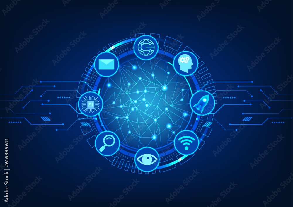 Poster network technology processor along with technology circles with technology icons gathers information