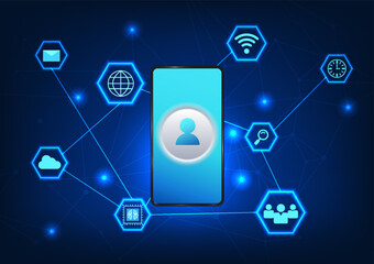 Smartphone technology connected to the internet with technology icons Smartphones that use personal data via the Internet It is secured information. is used to retrieve information