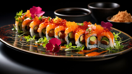 Salmon maki roll with red caviar and decorated with greenery. Generative AI