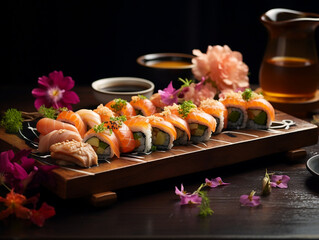 Sushi set with salmon with flower petals on the table. Generative AI